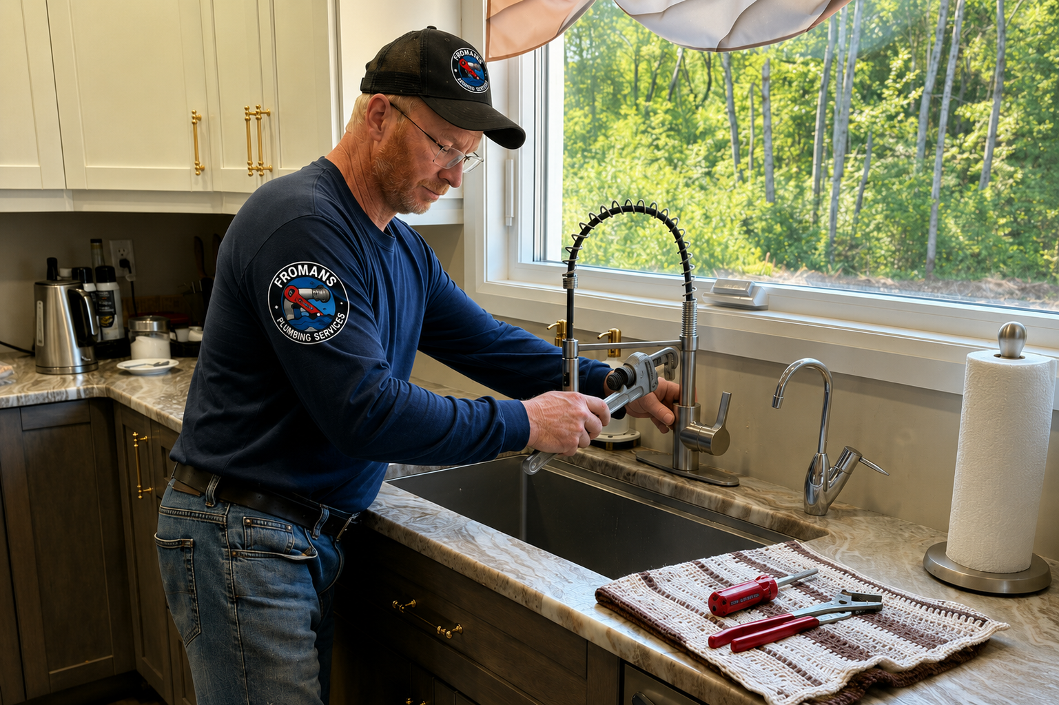 Fromans Plumbing Services plumber working at a kitchen sink